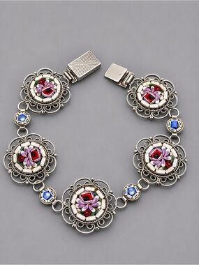 Vintage Silvery Floral Micro Mosaic Bracelet Purple
